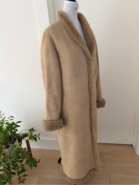 VINTAGE Shearling Suede Long Coat Neutral Beige Cozy Winter Penny Lane Boho Chic